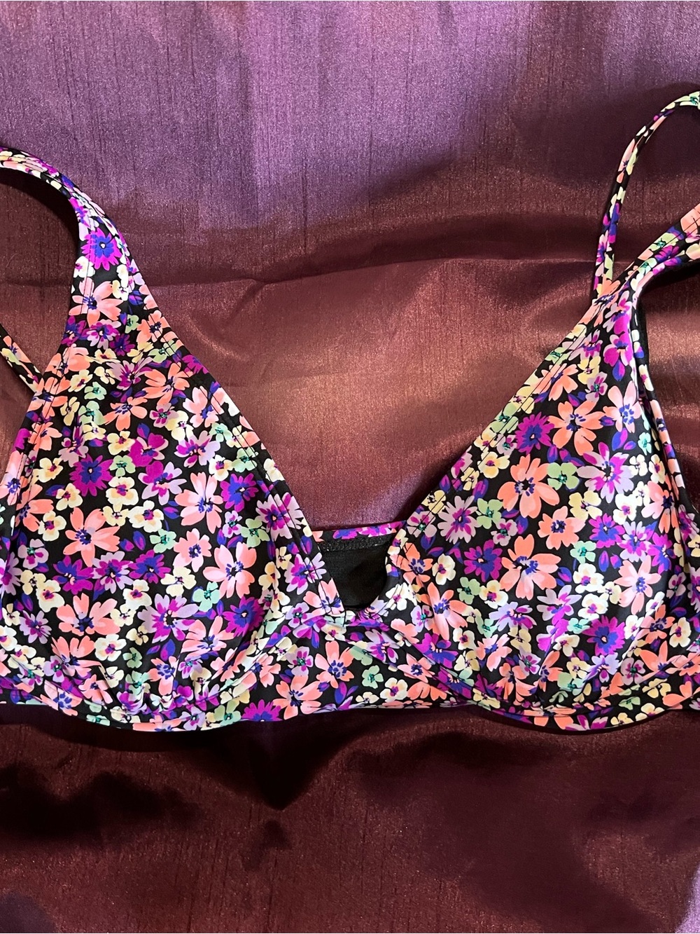 Decree Black Bikini Top with Pink, Purple & Green Floral Trim